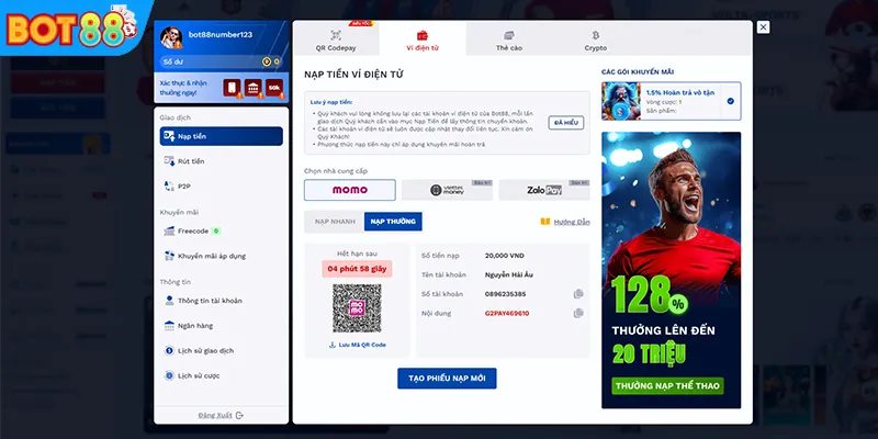 Hệ thống nạp tiền BOT88 hỗ trợ đa thiết bị, hiển thị rõ từng thao tác