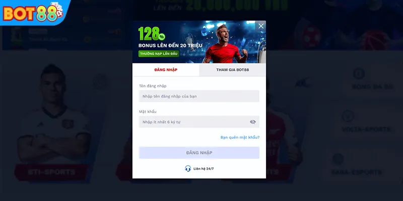 Form đăng nhập BOT88 với trường nhập tài khoản và mật khẩu